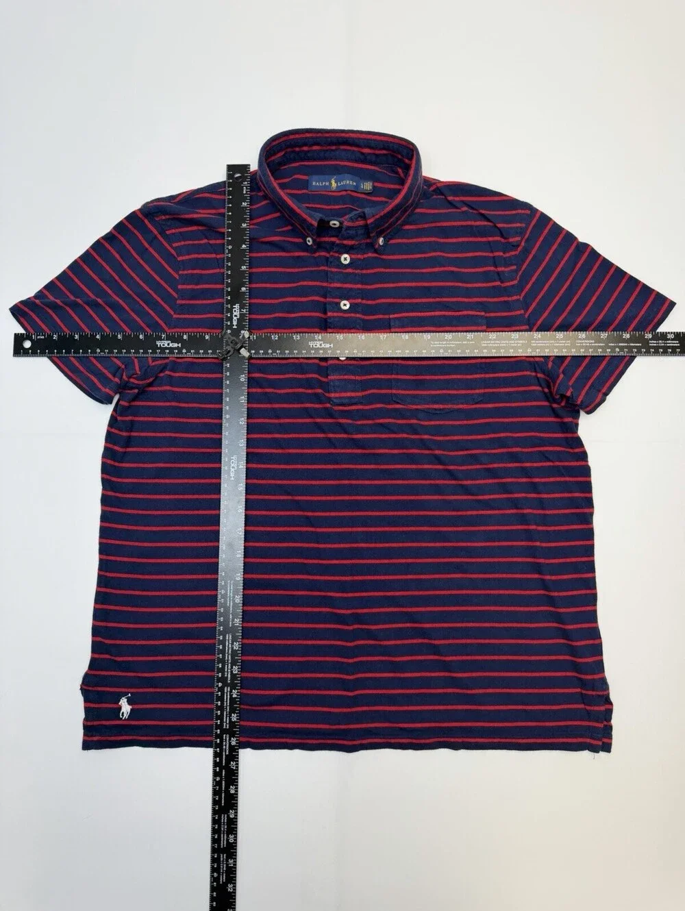 Ralph Lauren Polo Shirt Large Navy Blue Red Striped Pony Casual Pocket Mens